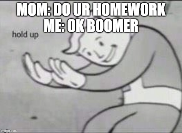 Fallout Hold Up | MOM: DO UR HOMEWORK
ME: OK BOOMER | image tagged in fallout hold up | made w/ Imgflip meme maker