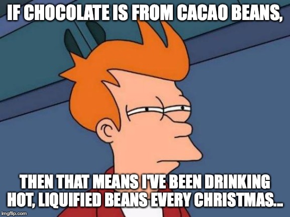 Futurama Fry | IF CHOCOLATE IS FROM CACAO BEANS, THEN THAT MEANS I'VE BEEN DRINKING HOT, LIQUIFIED BEANS EVERY CHRISTMAS... | image tagged in memes,futurama fry | made w/ Imgflip meme maker