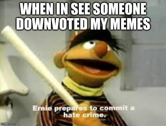 Ernie Prepares to commit a hate crime | WHEN IN SEE SOMEONE DOWNVOTED MY MEMES | image tagged in ernie prepares to commit a hate crime | made w/ Imgflip meme maker