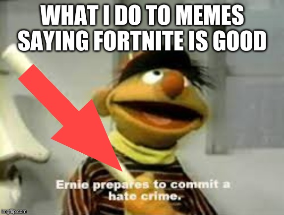 Ernie Prepares to commit a hate crime | WHAT I DO TO MEMES SAYING FORTNITE IS GOOD | image tagged in ernie prepares to commit a hate crime | made w/ Imgflip meme maker