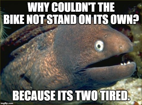 Bad Joke Eel Meme | WHY COULDN'T THE BIKE NOT STAND ON ITS OWN? BECAUSE ITS TWO TIRED. | image tagged in memes,bad joke eel | made w/ Imgflip meme maker