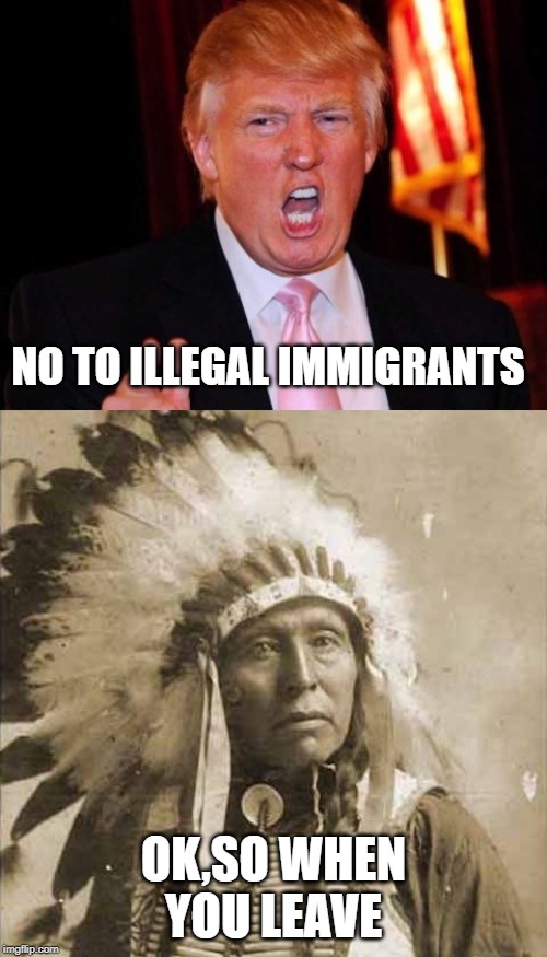 Donald Trump and Native American | NO TO ILLEGAL IMMIGRANTS; OK,SO WHEN YOU LEAVE | image tagged in donald trump and native american,donald trump,native american,illegal immigration | made w/ Imgflip meme maker