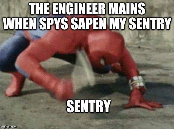 Spiderman wrench | THE ENGINEER MAINS WHEN SPYS SAPEN MY SENTRY; SENTRY | image tagged in spiderman wrench | made w/ Imgflip meme maker