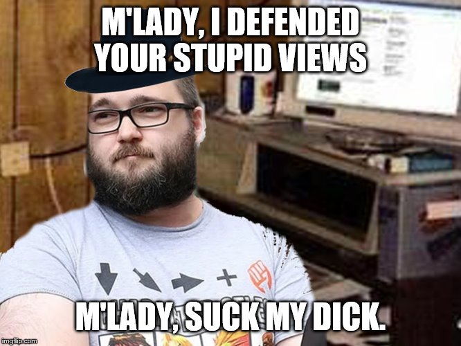 Basement Dweller | M'LADY, I DEFENDED YOUR STUPID VIEWS M'LADY, SUCK MY DICK. | image tagged in basement dweller | made w/ Imgflip meme maker