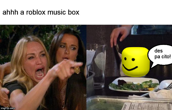 Woman Yelling At Cat |  ahhh a roblox music box; des pa cito! | image tagged in memes,woman yelling at cat | made w/ Imgflip meme maker