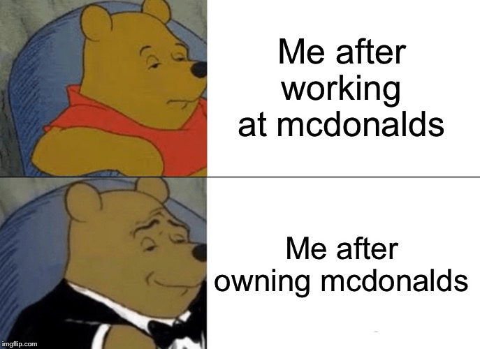 Tuxedo Winnie The Pooh | Me after working at mcdonalds; Me after owning mcdonalds | image tagged in memes,tuxedo winnie the pooh | made w/ Imgflip meme maker