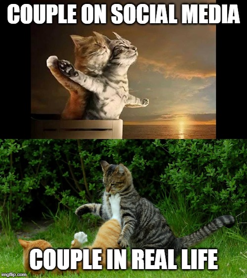 COUPLE ON SOCIAL MEDIA; COUPLE IN REAL LIFE | image tagged in fake life,couples,marriage,funny | made w/ Imgflip meme maker
