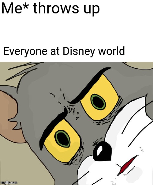 Gotta think about this one | Me* throws up; Everyone at Disney world | image tagged in memes,unsettled tom | made w/ Imgflip meme maker