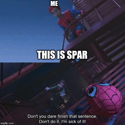 Don't you dare finish that sentence | ME; THIS IS SPAR | image tagged in don't you dare finish that sentence | made w/ Imgflip meme maker