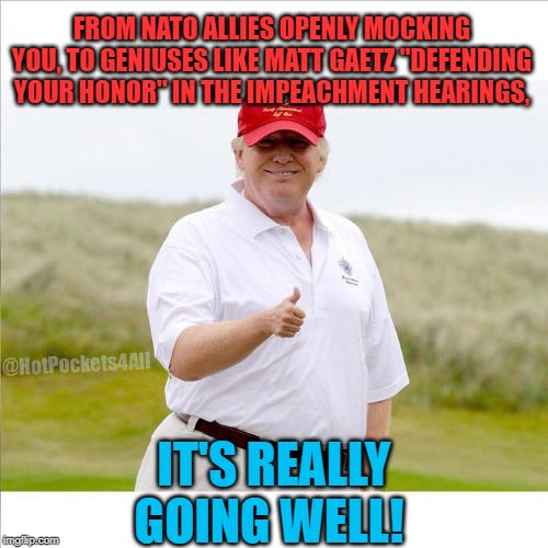 it's really going well! | FROM NATO ALLIES OPENLY MOCKING YOU, TO GENIUSES LIKE MATT GAETZ "DEFENDING YOUR HONOR" IN THE IMPEACHMENT HEARINGS, IT'S REALLY GOING WELL! | image tagged in donald trump,trump impeachment | made w/ Imgflip meme maker