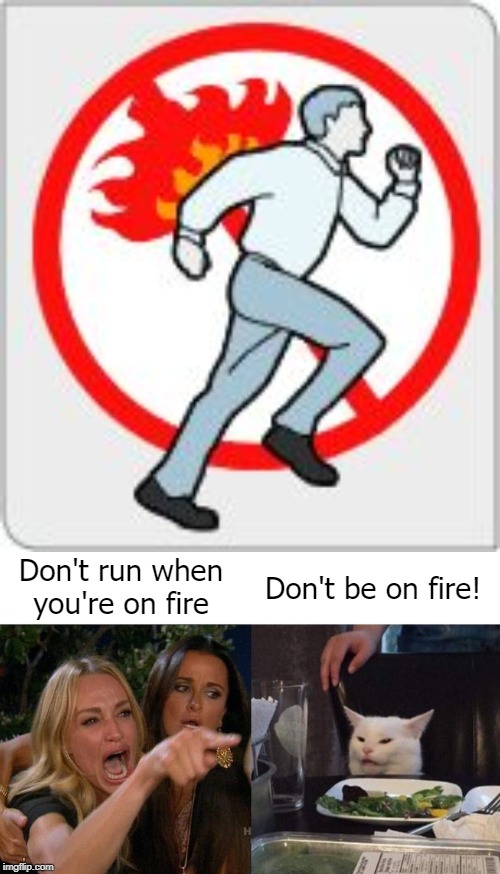Outrun the flames | Don't be on fire! Don't run when you're on fire | image tagged in memes,woman yelling at cat,don't run on fire | made w/ Imgflip meme maker