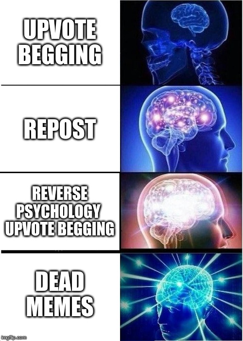 Expanding Brain | UPVOTE BEGGING; REPOST; REVERSE PSYCHOLOGY  UPVOTE BEGGING; DEAD MEMES | image tagged in memes,expanding brain | made w/ Imgflip meme maker