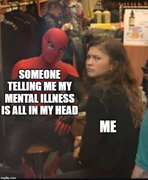 Spiderman explaining to zendaya | SOMEONE TELLING ME MY MENTAL ILLNESS IS ALL IN MY HEAD; ME | image tagged in spiderman explaining to zendaya | made w/ Imgflip meme maker