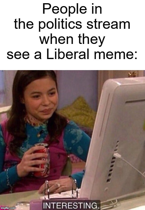 Dem conservatives | People in the politics stream when they see a Liberal meme: | image tagged in politics,memes,funny,interesting,people,liberals | made w/ Imgflip meme maker