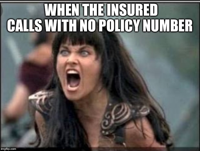 Xena Scream | WHEN THE INSURED CALLS WITH NO POLICY NUMBER | image tagged in xena scream | made w/ Imgflip meme maker