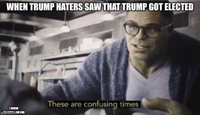 These are confusing times | WHEN TRUMP HATERS SAW THAT TRUMP GOT ELECTED; I KNOW BECAUSE I AM ONE | image tagged in these are confusing times | made w/ Imgflip meme maker