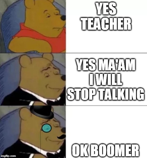 Fancy pooh | YES TEACHER; YES MA'AM I WILL STOP TALKING; OK BOOMER | image tagged in fancy pooh | made w/ Imgflip meme maker