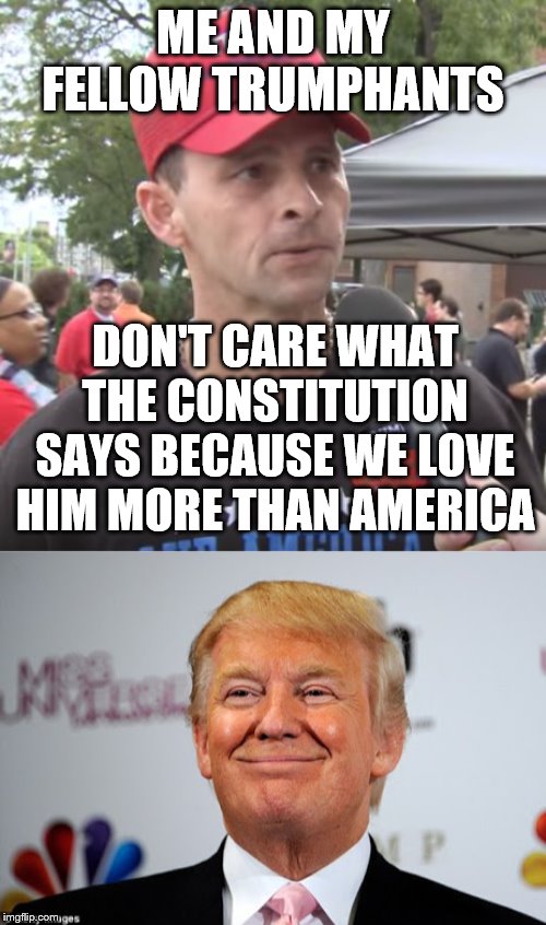 ME AND MY FELLOW TRUMPHANTS; DON'T CARE WHAT THE CONSTITUTION SAYS BECAUSE WE LOVE HIM MORE THAN AMERICA | image tagged in donald trump approves,trump supporter | made w/ Imgflip meme maker