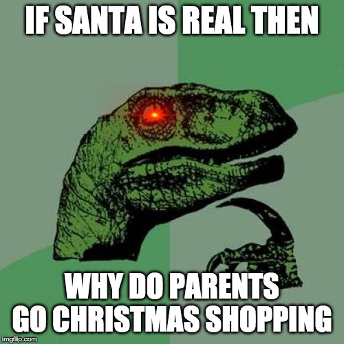 Philosoraptor Meme | IF SANTA IS REAL THEN; WHY DO PARENTS GO CHRISTMAS SHOPPING | image tagged in memes,philosoraptor | made w/ Imgflip meme maker