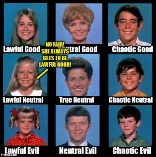 Marcia, Marcia, Marcia! | NO FAIR! SHE ALWAYS GETS TO BE LAWFUL GOOD! | image tagged in memes,alignment chart,the brady bunch | made w/ Imgflip meme maker