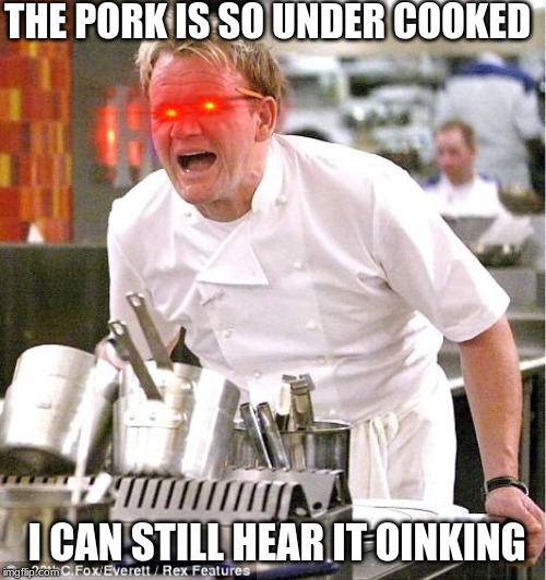 Chef Gordon Ramsay Meme | THE PORK IS SO UNDER COOKED; I CAN STILL HEAR IT OINKING | image tagged in memes,chef gordon ramsay | made w/ Imgflip meme maker