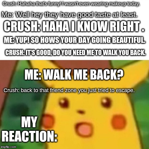 Texting your crush be like | Crush: Hahaha that's funny! I wasn't even wearing makeup today. Me: Well hey they have good taste at least. CRUSH: HAHA I KNOW RIGHT . ME: YUP! SO HOWS YOUR DAY GOING BEAUTIFUL. CRUSH: IT'S GOOD, DO YOU NEED ME TO WALK YOU BACK. ME: WALK ME BACK? Crush: back to that friend zone you just tried to escape. MY REACTION: | image tagged in memes,surprised pikachu,crush,texting | made w/ Imgflip meme maker