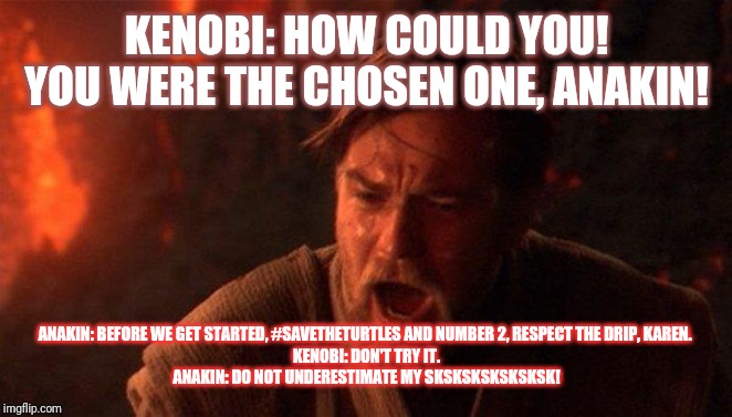 You Were The Chosen One (Star Wars) | KENOBI: HOW COULD YOU! YOU WERE THE CHOSEN ONE, ANAKIN! ANAKIN: BEFORE WE GET STARTED, #SAVETHETURTLES AND NUMBER 2, RESPECT THE DRIP, KAREN. 
KENOBI: DON'T TRY IT.
ANAKIN: DO NOT UNDERESTIMATE MY SKSKSKSKSKSKSK! | image tagged in memes,you were the chosen one star wars | made w/ Imgflip meme maker