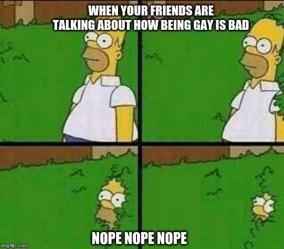 Homer Simpson Nope | WHEN YOUR FRIENDS ARE TALKING ABOUT HOW BEING GAY IS BAD; NOPE NOPE NOPE | image tagged in homer simpson nope | made w/ Imgflip meme maker