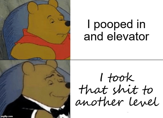 Tuxedo Winnie The Pooh Meme | I pooped in and elevator; I took that shit to another level | image tagged in memes,tuxedo winnie the pooh | made w/ Imgflip meme maker