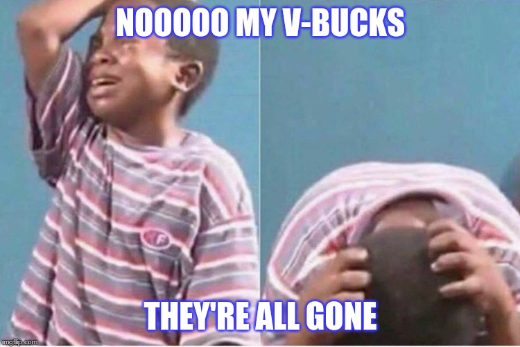 Kid loses v-bucks | NOOOOO MY V-BUCKS; THEY'RE ALL GONE | image tagged in crying kid | made w/ Imgflip meme maker
