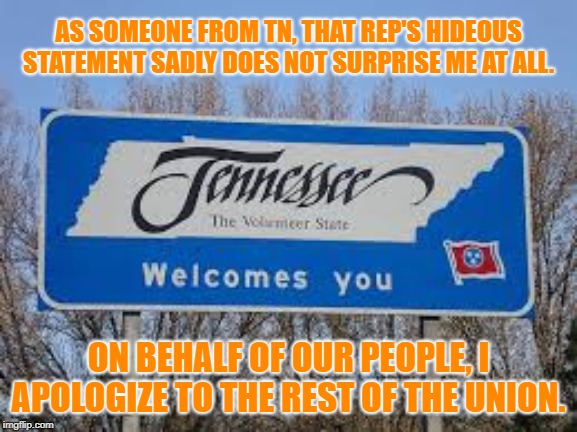 When you feel the need to apologize for Tennesseeans. | AS SOMEONE FROM TN, THAT REP'S HIDEOUS STATEMENT SADLY DOES NOT SURPRISE ME AT ALL. ON BEHALF OF OUR PEOPLE, I APOLOGIZE TO THE REST OF THE UNION. | image tagged in tennessee,disgusting,obama,assholes,disrespect,republicans | made w/ Imgflip meme maker