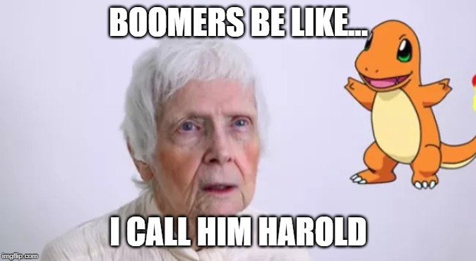 grandma | BOOMERS BE LIKE... I CALL HIM HAROLD | image tagged in grandma,pokemon | made w/ Imgflip meme maker