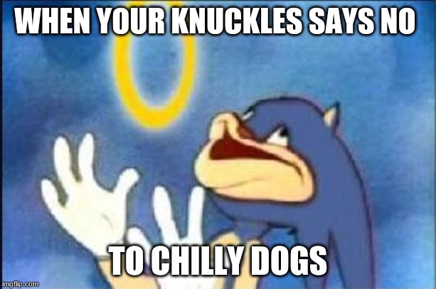 Sonic derp | WHEN YOUR KNUCKLES SAYS NO; TO CHILLY DOGS | image tagged in sonic derp | made w/ Imgflip meme maker