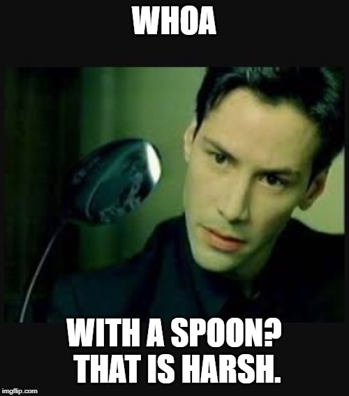There is no spoon | WHOA WITH A SPOON?  THAT IS HARSH. | image tagged in there is no spoon | made w/ Imgflip meme maker