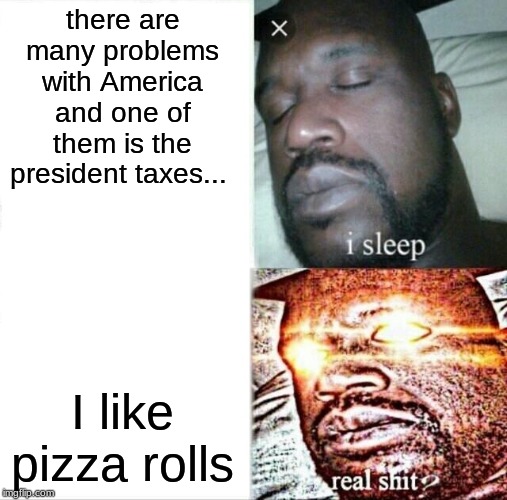 Sleeping Shaq Meme | there are many problems with America and one of them is the president taxes... I like pizza rolls | image tagged in memes,sleeping shaq | made w/ Imgflip meme maker