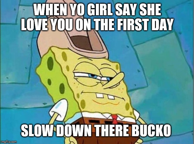 cowboy spongebob | WHEN YO GIRL SAY SHE LOVE YOU ON THE FIRST DAY; SLOW DOWN THERE BUCKO | image tagged in cowboy spongebob | made w/ Imgflip meme maker