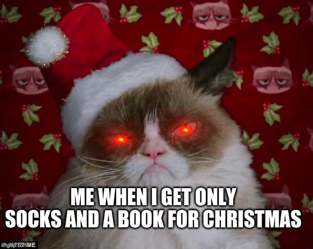 grumpy christmas | ME WHEN I GET ONLY SOCKS AND A BOOK FOR CHRISTMAS | image tagged in grumpy cat christmas,holidays | made w/ Imgflip meme maker