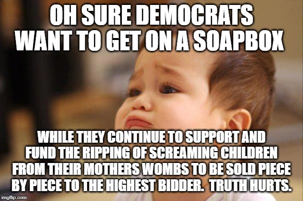 Cute Sad Baby | OH SURE DEMOCRATS WANT TO GET ON A SOAPBOX; WHILE THEY CONTINUE TO SUPPORT AND FUND THE RIPPING OF SCREAMING CHILDREN FROM THEIR MOTHERS WOMBS TO BE SOLD PIECE BY PIECE TO THE HIGHEST BIDDER.  TRUTH HURTS. | image tagged in cute sad baby | made w/ Imgflip meme maker