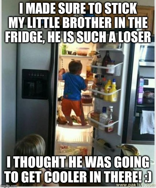Can you make your brother cooler when he is UNCOOL? | I MADE SURE TO STICK MY LITTLE BROTHER IN THE FRIDGE, HE IS SUCH A LOSER; I THOUGHT HE WAS GOING TO GET COOLER IN THERE! :) | image tagged in baby getting food from fridge | made w/ Imgflip meme maker
