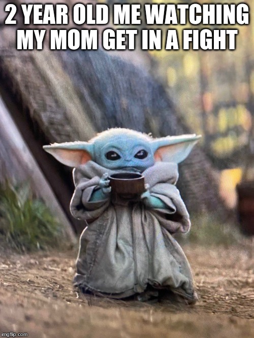 BABY YODA TEA | 2 YEAR OLD ME WATCHING MY MOM GET IN A FIGHT | image tagged in baby yoda tea | made w/ Imgflip meme maker