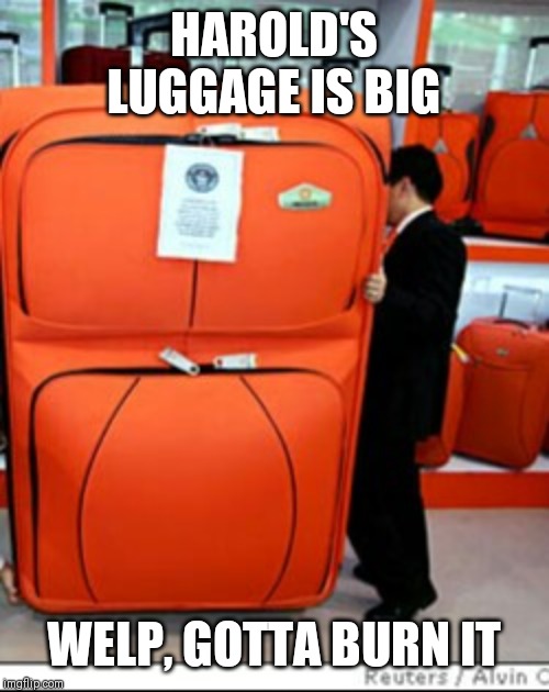 Luggage | HAROLD'S LUGGAGE IS BIG WELP, GOTTA BURN IT | image tagged in luggage | made w/ Imgflip meme maker