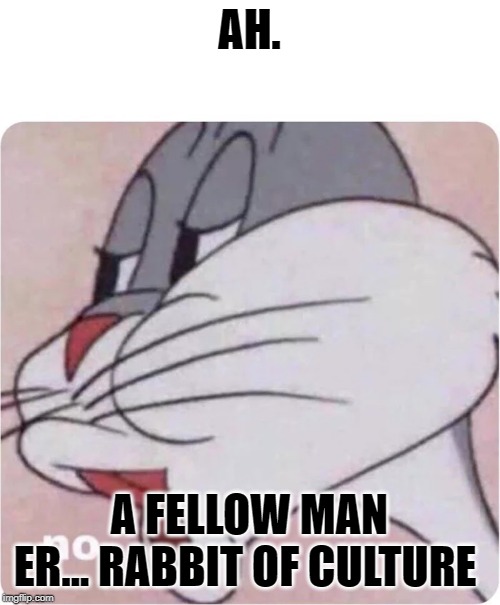 Bugs Bunny No | AH. A FELLOW MAN ER... RABBIT OF CULTURE | image tagged in bugs bunny no | made w/ Imgflip meme maker