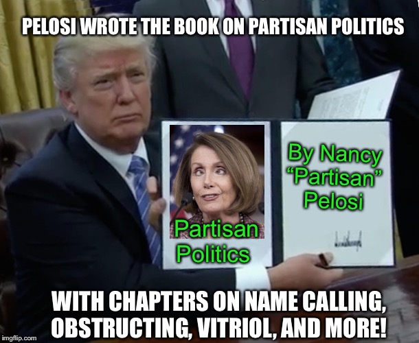 Nancy “Partisan” Pelosi | PELOSI WROTE THE BOOK ON PARTISAN POLITICS; By Nancy “Partisan” Pelosi; Partisan Politics; WITH CHAPTERS ON NAME CALLING, OBSTRUCTING, VITRIOL, AND MORE! | image tagged in memes,trump bill signing,nancy pelosi,partisanship | made w/ Imgflip meme maker