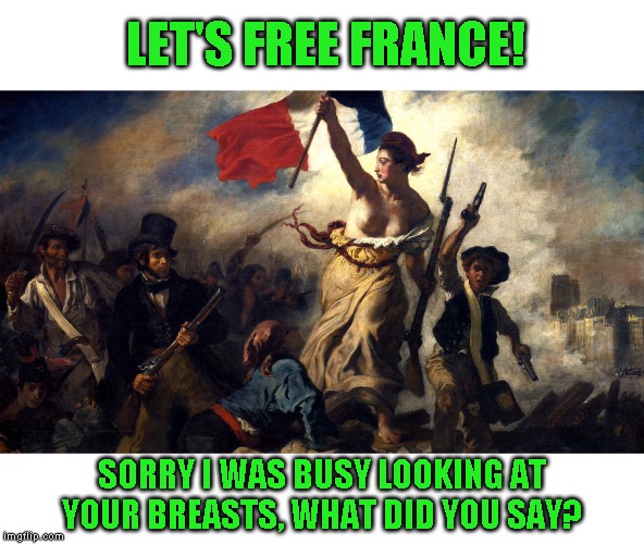 How did they win with that kind of distraction? | LET'S FREE FRANCE! SORRY I WAS BUSY LOOKING AT YOUR BREASTS, WHAT DID YOU SAY? | image tagged in just a joke | made w/ Imgflip meme maker