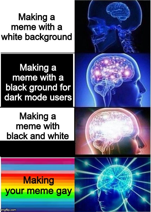 Expanding Brain | Making a meme with a white background; Making a meme with a black ground for dark mode users; Making a meme with black and white; Making your meme gay | image tagged in memes,expanding brain | made w/ Imgflip meme maker