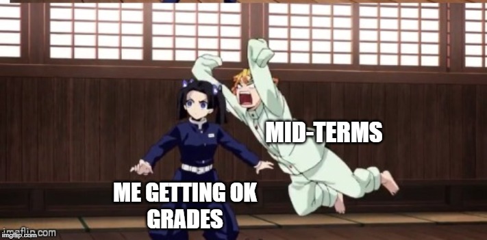  MID-TERMS; ME GETTING OK
GRADES | image tagged in anime meme,demon slayer,midterms,school | made w/ Imgflip meme maker