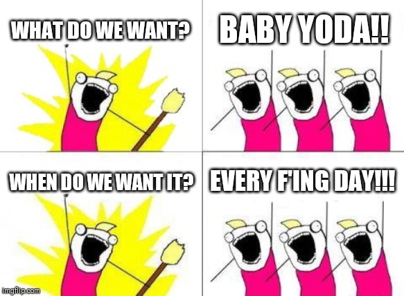 What Do We Want | WHAT DO WE WANT? BABY YODA!! WHEN DO WE WANT IT? EVERY F'ING DAY!!! | image tagged in memes,what do we want | made w/ Imgflip meme maker