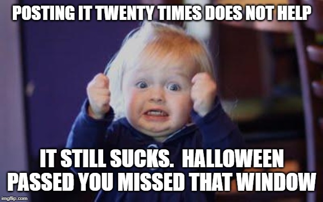 excited kid | POSTING IT TWENTY TIMES DOES NOT HELP IT STILL SUCKS.  HALLOWEEN PASSED YOU MISSED THAT WINDOW | image tagged in excited kid | made w/ Imgflip meme maker