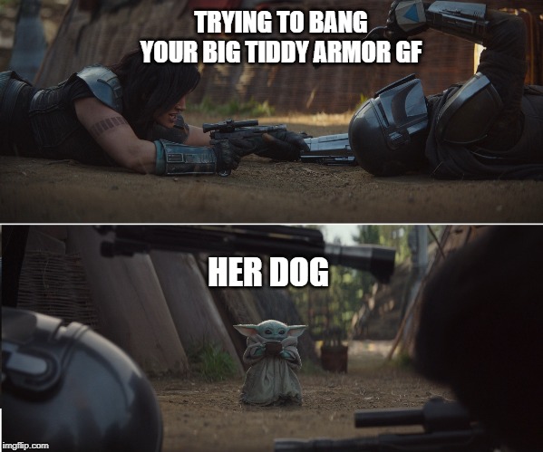 Mandalorian e4 | TRYING TO BANG YOUR BIG TIDDY ARMOR GF; HER DOG | image tagged in mandalorian e4 | made w/ Imgflip meme maker
