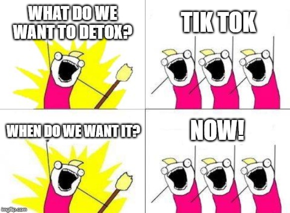 What Do We Want Meme | WHAT DO WE WANT TO DETOX? TIK TOK; NOW! WHEN DO WE WANT IT? | image tagged in memes,what do we want | made w/ Imgflip meme maker